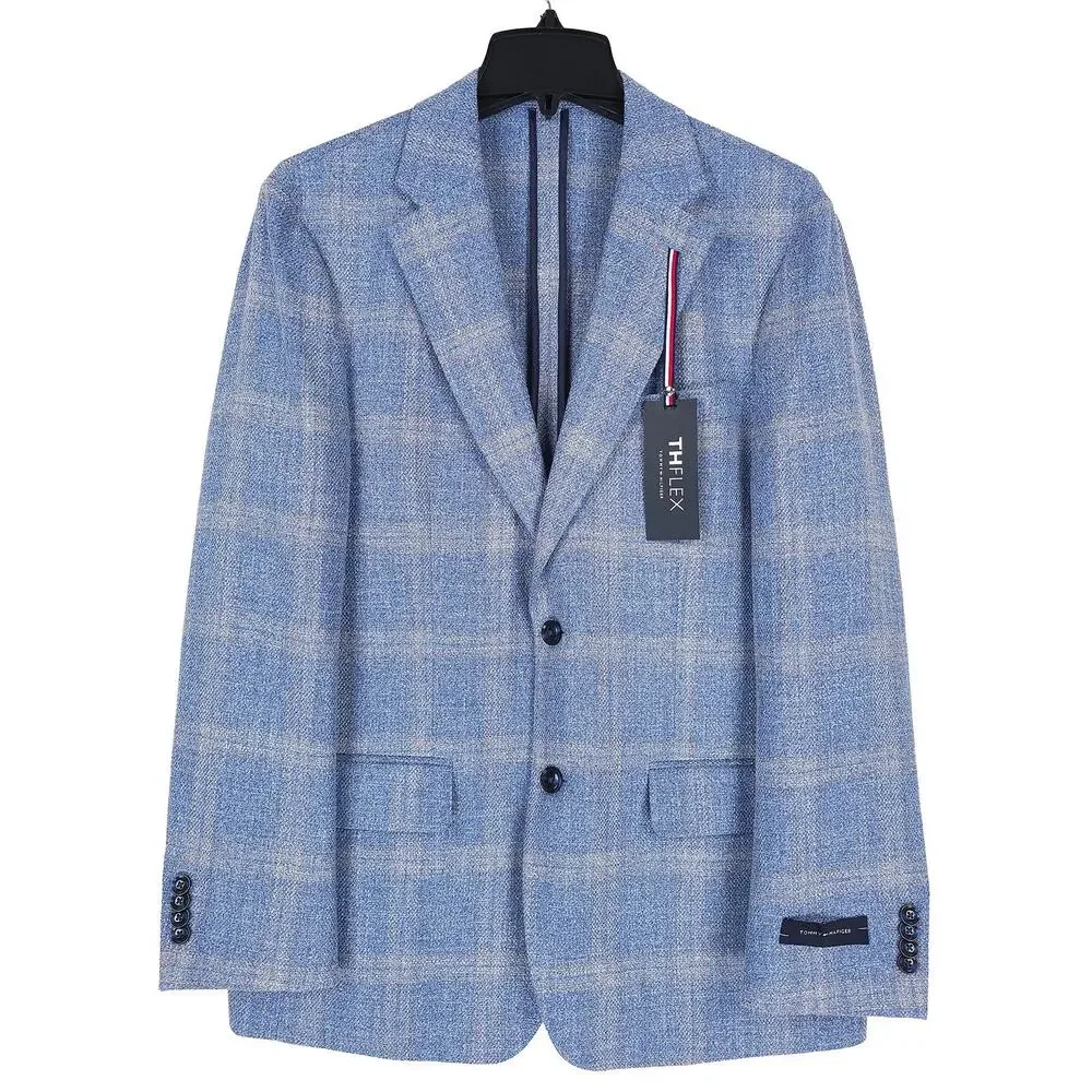 Tommy Hilfiger Mens Modern Fit Sport Coat 48R Light Blue Plaid Basketweave NWT